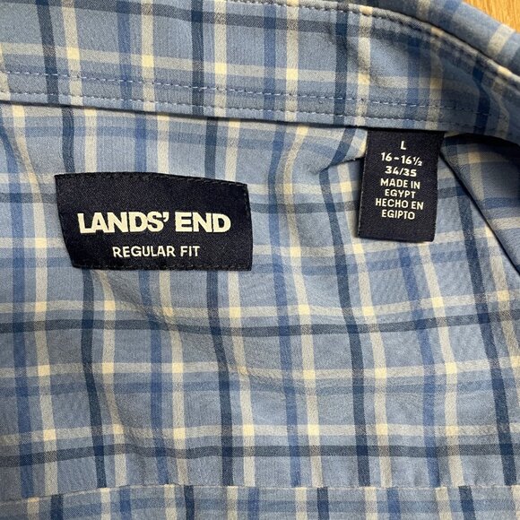 LANDS’ END SHIRT PERFORMANCE MENS L PLAID STRETCH BUTTON UP REGULAR FIT BLUE - Picture 4 of 8